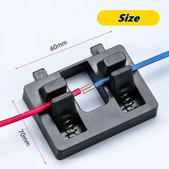 Black wire connector with red and blue wires, showing dimensions on a light background.