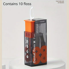 Dental floss container with orange top and clear body on a white background