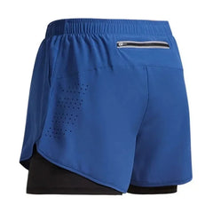 Blue athletic shorts with a black inner layer on a white background