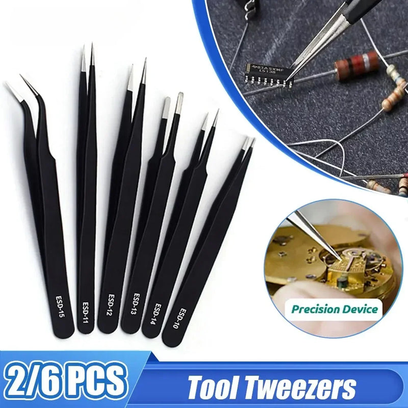Set of precision tweezers with close-up images of their use on electronic components and a watch mechanism.