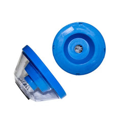 Blue and clear plastic component on a white background
