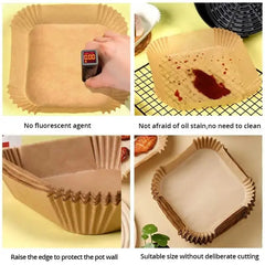 Collage of paper trays with various features highlighted, including no fluorescent agent, oil stain resistance, and size suitability.