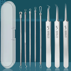 Set of stainless steel facial cleansing tools with a case on a blue-green background