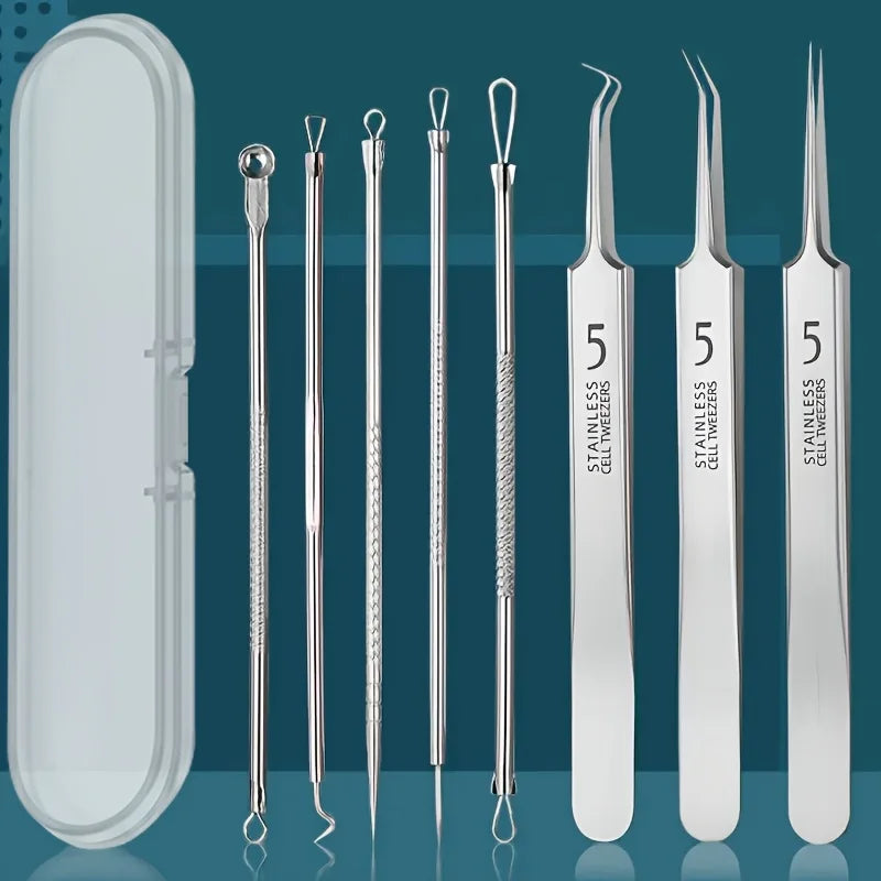 Set of stainless steel facial cleansing tools with a case on a blue-green background