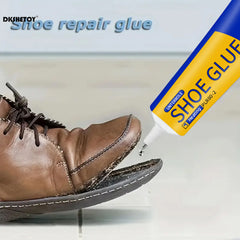 Shoe repair glue being applied to a brown leather shoe with a visible brand label.
