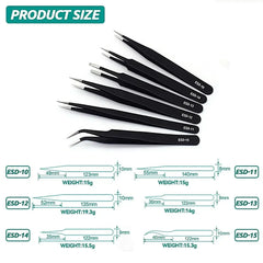 Set of black tweezers with product size labels and measurements on a white background