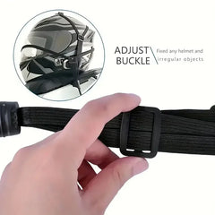Hand adjusting a black helmet strap with a helmet in the corner, labeled 'Adjust Buckle'.