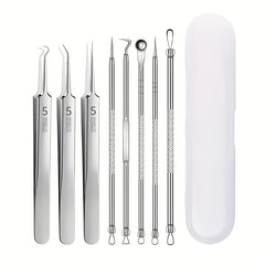 Set of stainless steel acne extraction tools with a case on a white background