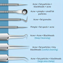 Set of skin care tools with descriptions on a blue background