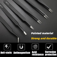 Set of black tweezers with pointed material on a dark background