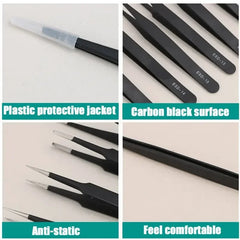 Collage of tweezers with text highlighting features like plastic protective jacket, carbon black surface, anti-static, and comfortable feel.