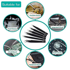 Set of tweezers with applications including precision device, food cleanup, integrated circuit, circuit board, small jewelry, and equipment repair.