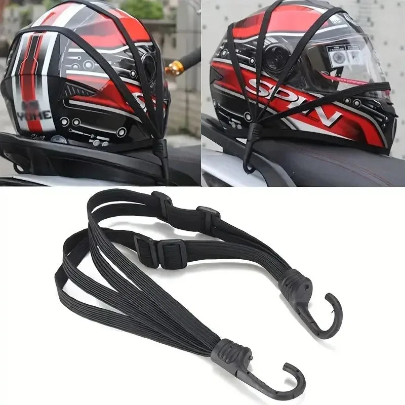 Motorcycle helmet with a black strap attached, showing close-up details.