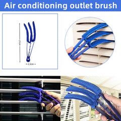 Air conditioning outlet brush with usage examples and dimensions on a blue background