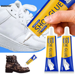 Shoe glue tube with a hand applying it to a white sneaker, surrounded by additional glue tubes and a boot.