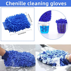 Blue chenille cleaning gloves with measurements and usage examples on a white background