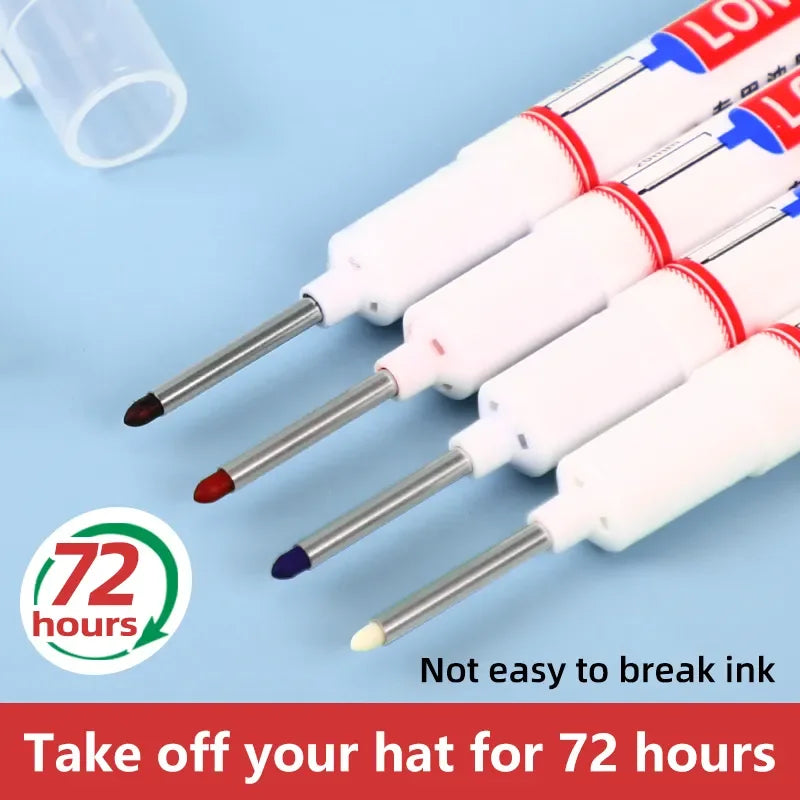 Four markers with red, blue. Clear caps on a light blue background, with text about ink durability.