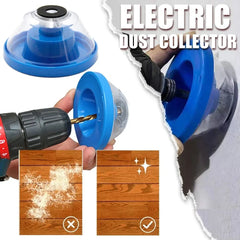 Dust collector attachment for a drill with before and after wood finishing images.