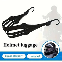 Black helmet luggage strap with text on a white background