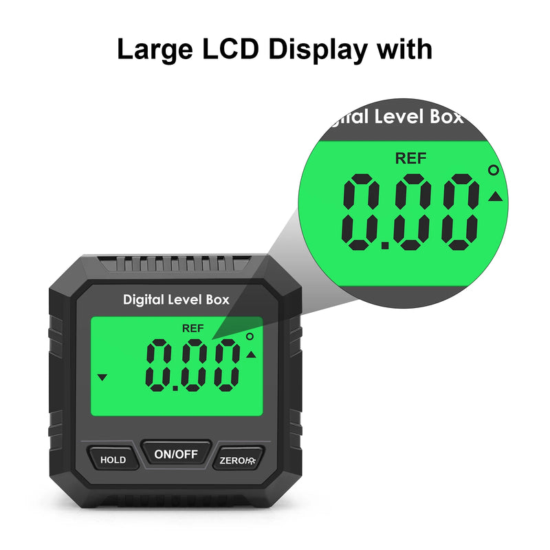 Digital level box with large LCD display on a white background