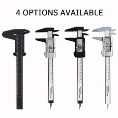 Four digital calipers with different designs on a white background