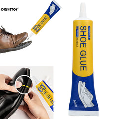 Shoe glue tube with application on shoes, featuring DKSHETOY brand.