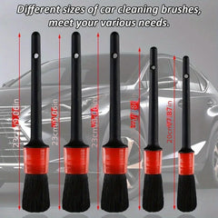 Set of car cleaning brushes with measurements in front of a car