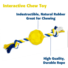 Yellow dog chew toy with blue and white rope on a white background