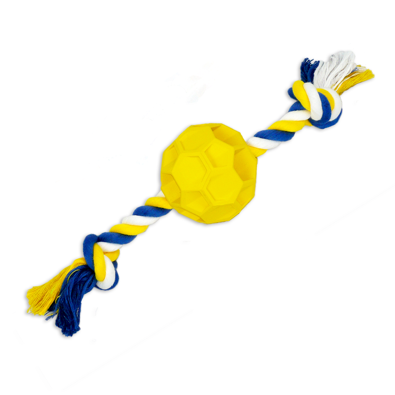 Dog toy with a yellow ball and blue and white rope on a white background