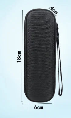 Black carrying case with measurements on a light background