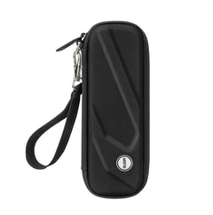 Black carrying case with a wrist strap on a white background