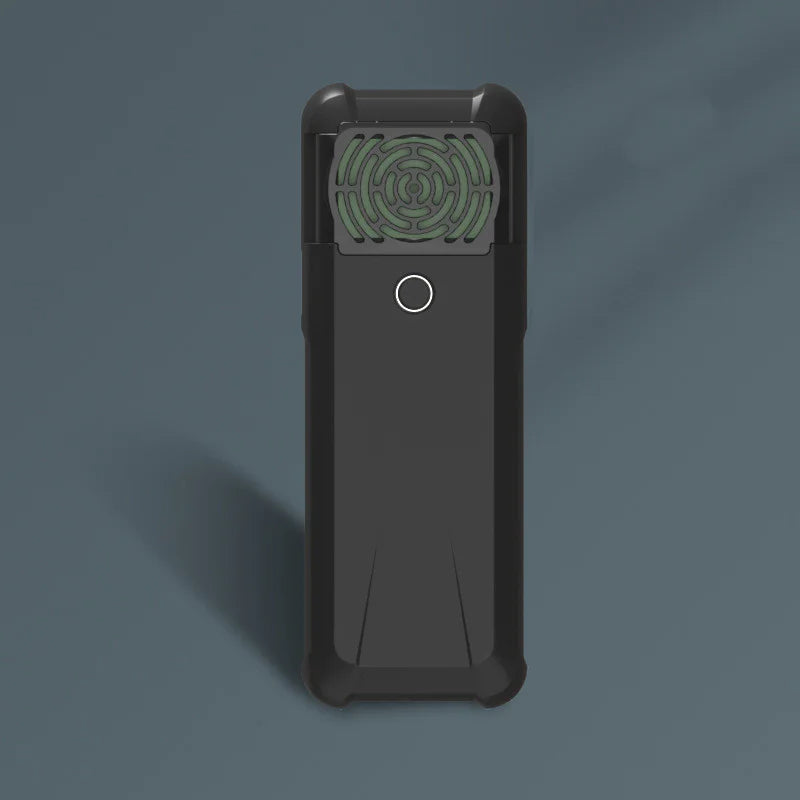 Black electronic device with a green circular component on a dark blue background