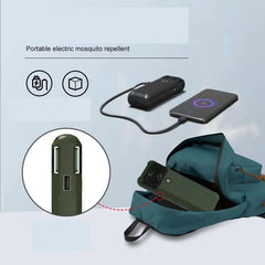 Portable electric mosquito repellent device with charging cable and close-up details on a light blue background.