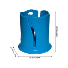 Blue plastic stand with dimensions indicated on a white background