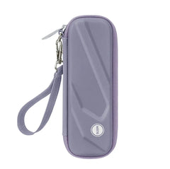 Purple zippered case with a wrist strap on a white background