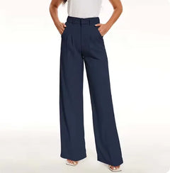 Navy blue wide-leg pants worn by a person on a white background