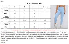 Size chart for trousers with a model wearing light blue pants.