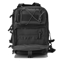 Black tactical backpack on a white background