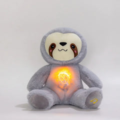 Plush toy sloth with glowing belly on a white background