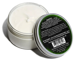 Jar of beard balm with a green label showing ingredients and usage instructions on a white background