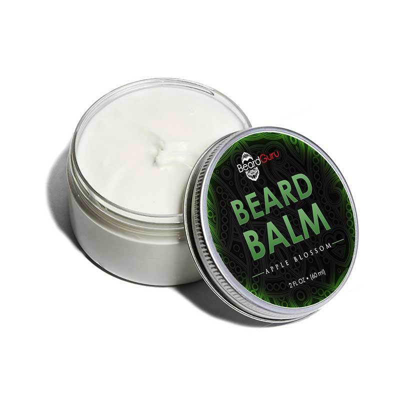 Beard balm container with open lid on a white background
