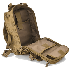 Tan backpack with multiple compartments and straps on a white background