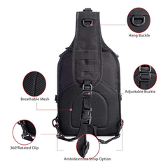 Black sling bag with features highlighted on a white background