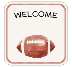 Welcome sign with a football graphic on a white background