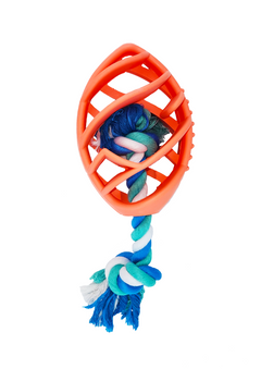 Dog toy with orange mesh ball and blue and green rope on a white background
