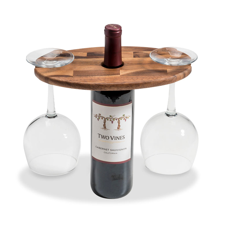 Wooden wine rack with two glasses and a bottle of 'Two Vines' wine on a white background