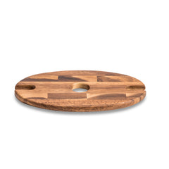 Wooden board with a oval shape in the center with a slit on each end, on a white background