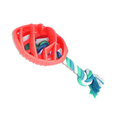 Red dog toy with a rope on a white background