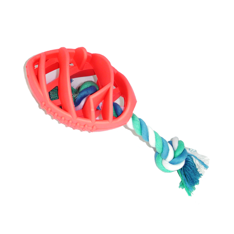 Red dog toy with a rope on a white background