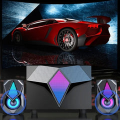 Red sports car on a dark background with colorful geometric shapes in the foreground.